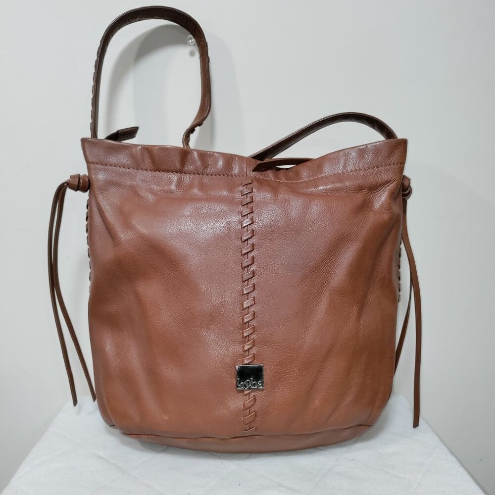 Kooba Limon Leather Woven Braided Accent Plaid Lined Hobo Shoulder Bag Brown - Picture 3 of 13
